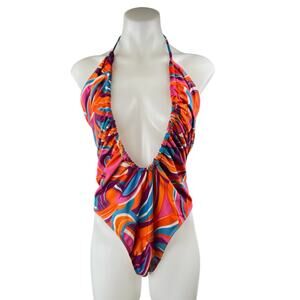 NEW PrettyLittleThing Multicolor Printed Ruched Scoop Neck One Piece Swimsuit 16